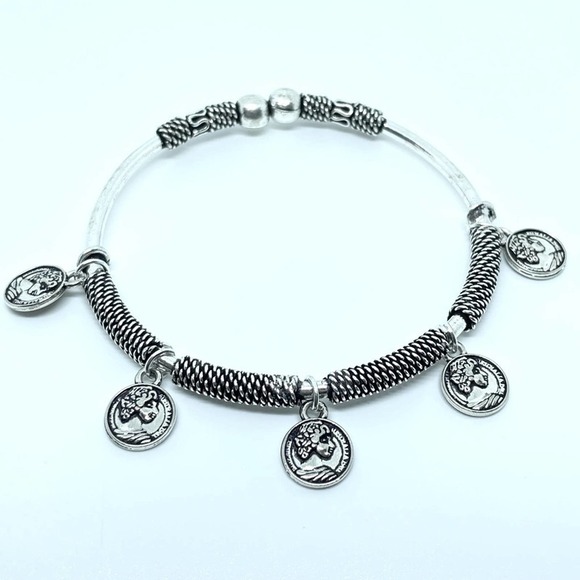 Handcrafted Coin Charm Bracelet | Adjustable Tibetan Silver Boho Bangle - Picture 15 of 15